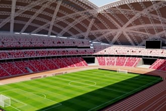 redesign football stadium, indoor gaming center, soccer field, padel court, cgi