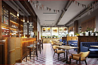 renew 3d ranch cafe interior, commercial space,lounge dinner,furniture rendering