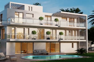 rebuild 3d luxury villa with facade,glass railing, render balcony exterior, pool
