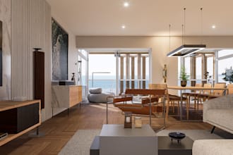 refurbished 3d interior design, penthouse rendering, furniture layout, basement