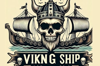 create vintage skull viking ship logo