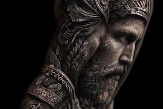 create unique custom tattoo design, tattoo sleeve, realistic tattoo artist