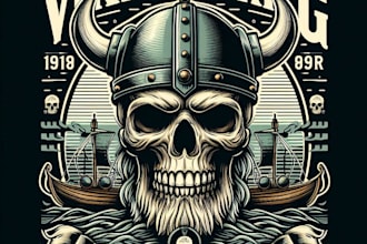 design high quality vintage skull viking ship logo with t shirt design