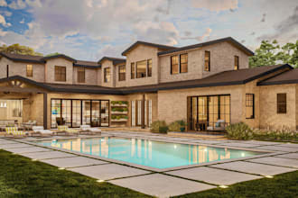 enhance 3d craftsman cottage exterior,brick log facade,pool lounge,patio render