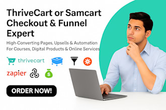 setup, customize, and fix thrivecart checkout page funnels, and integrations