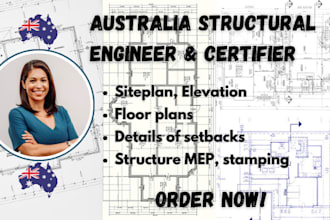 draw australia site plan, floor plan, elevation, details of setback, mep, stamp