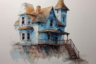 create digital watercolor house portraits and building illustration