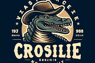 design a vintage crocodile logo and custom t shirt mockup