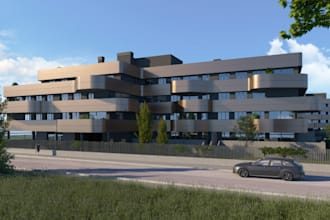 model 3d urban streetscape, concrete building exterior, facade,skyline rendering