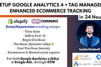 set up google analytics 4 ga4 and GTM ecommerce tracking shopify and woocommerce