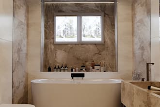 design and 3d render a stylish and functional bathroom