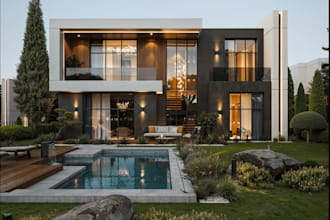 improve 3d modern villa facade,house elevation design,8k render,garden landscape
