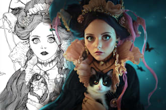 draw fantasy portrait in whimsical style tim burton inspired