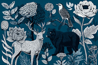 illustrate botanical and animal linocut vector art
