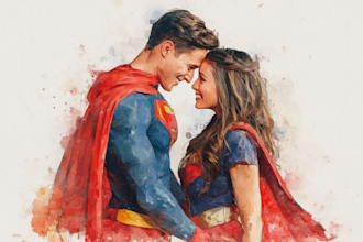 make watercolor super hero couple portrait