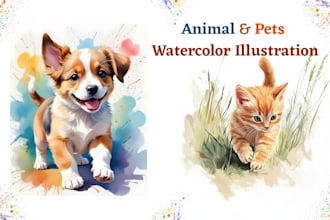 draw cute realistic animal and pet illustration cartoon watercolor illustration