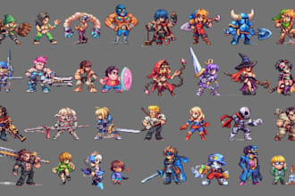 create pixel art character design, spritesheet, pixel animation, props, game art