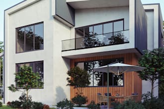 renovate 3d modern facade exterior in sketchup,glass balcony,patio,garden render