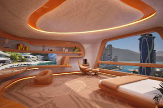 buildup 3d stylish mobile house, game environment,sci fi room interior,vr render