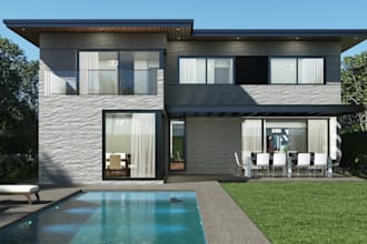 renovate modern house exterior, realistic architect rendering, layout plan, cgi
