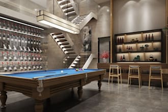 render 3d billiard gaming room,snooker room decor,bar,sports facility, lightning