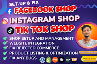 set up tiktok, facebook, instagram shop and integration ecommerce store