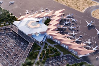 build realistic 3d international airport,terminal design,airport cargo,8k render