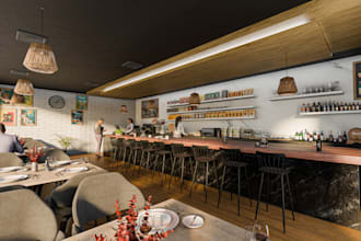 redesign 3d restaurant,bar rendering,outdoor landscape,sport bar,office interior