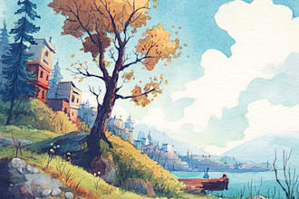 paint a watercolor and gouache landscape illustration