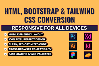convert figma to html, xd to html, psd to html bootstrap responsive tailwind CSS