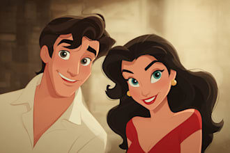 create cartoon disney couple portrait
