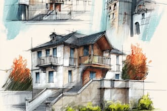 draw an architectural digital marker or watercolor sketches