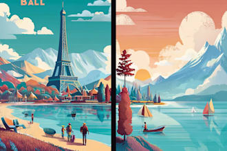 make art deco, vintage, retro, modern travel poster or landscape illustration
