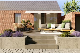 refurbish 3d detached house, brick exterior, cgi outdoor patio, facade elevation