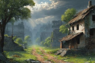 draw fantasy, post apocalyptic, background or concept art