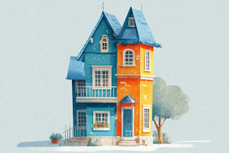 handmade watercolor painting of house