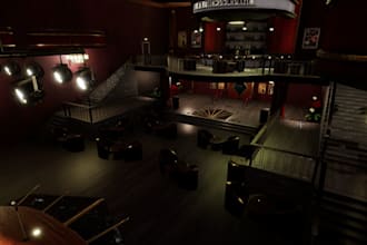 redesign smoke lounge, bar rendering, strip club,stage lighten,layout,vectorwork