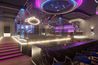design modern nightclub,dance bar,3d rendering, lighting fixtures,stage tool,cgi