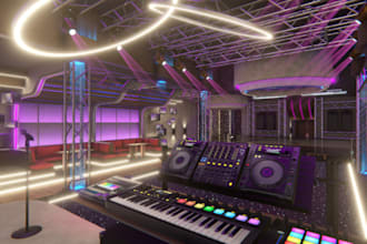 visualise nightclub, stripe bar interior lighten, open lounge, vip stage design
