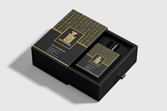 do label,logo,box and packaging for perfume,cosmetics,attar,fragrance,scent,aud
