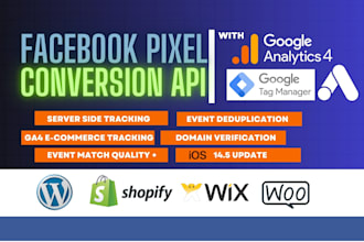 setup or fix facebook pixel, ga4 ecommerce tracking, GTM for shopify, wordpress