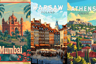 do travel poster design retro vintage art deco style or landscape illustration