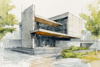 sketch architecture building with watercolor rendering