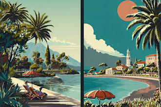 make art deco, vintage, retro, modern travel poster or landscape illustration