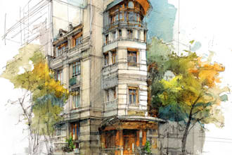 sketch architecture building with watercolor rendering