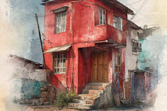 create a custom pen and watercolor house or building