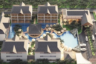 renew 3d beachfront resort,hotel exterior,estate villa,tropical landscape render