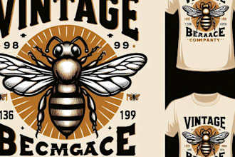 design a vintage bee logo and custom t shirt artwork for your brand