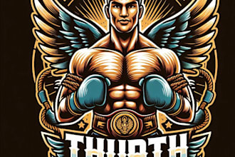 vintage muay, fighter, boxing fighting, sport mascot logo with t shirt design