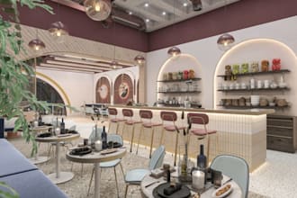 design and render 3d coffee shop, cafe, dining house and VR lounge interiors